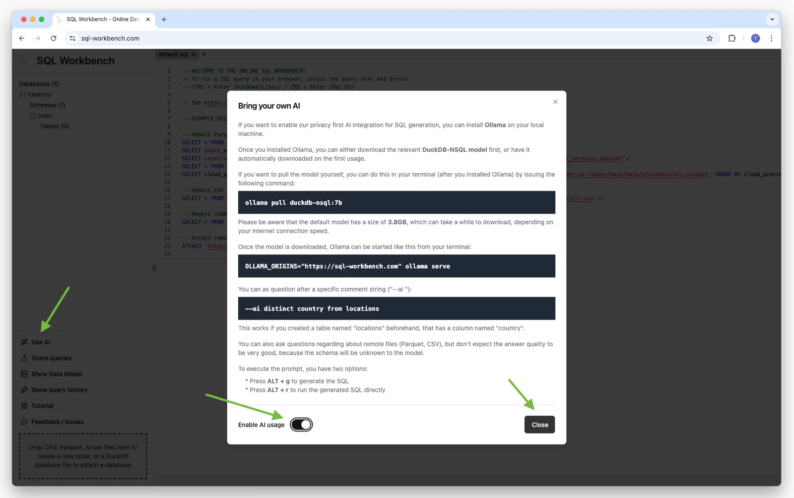 Enabling the AI feature in the SQL Workbench settings