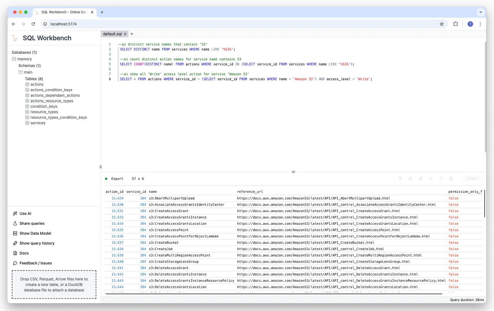 Generated SQL and result for the prompt: show all 'Write' access level actions for service 'Amazon S3'