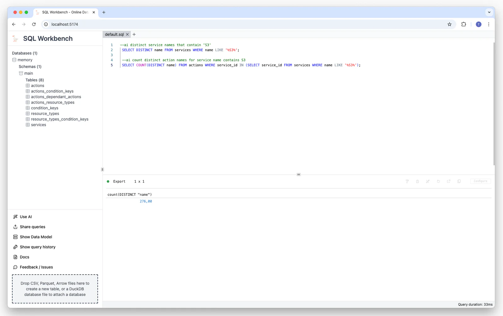 Generated SQL and result for the prompt: count distinct action names for service name contains S3