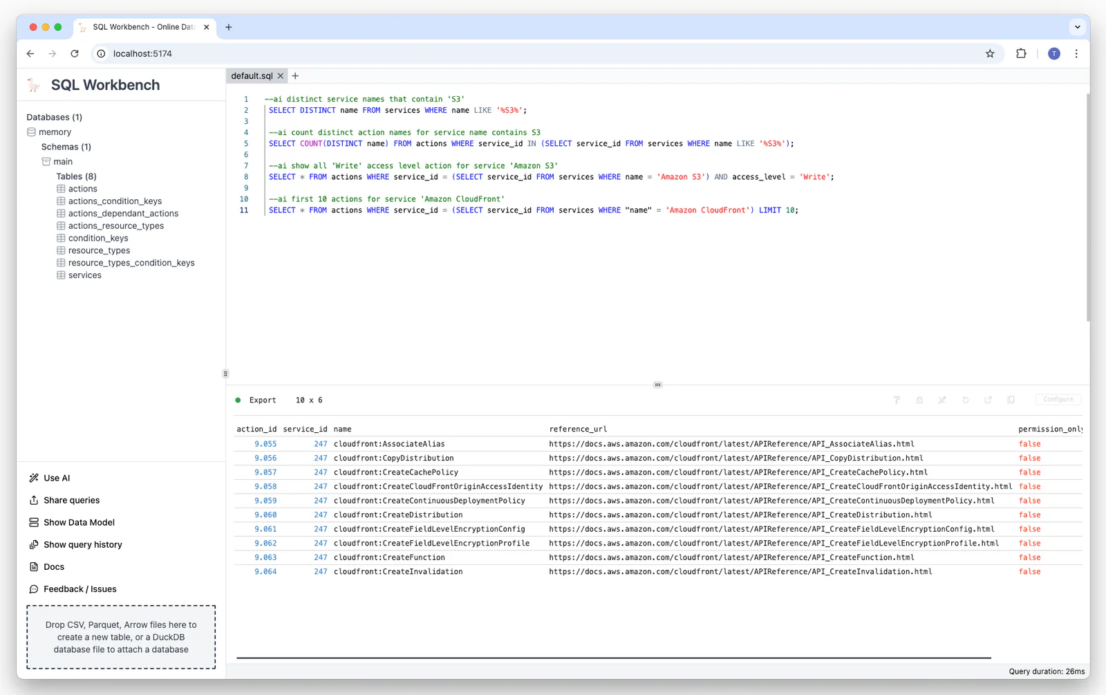Generated SQL and result for the prompt: first 10 actions for service 'Amazon CloudFront'