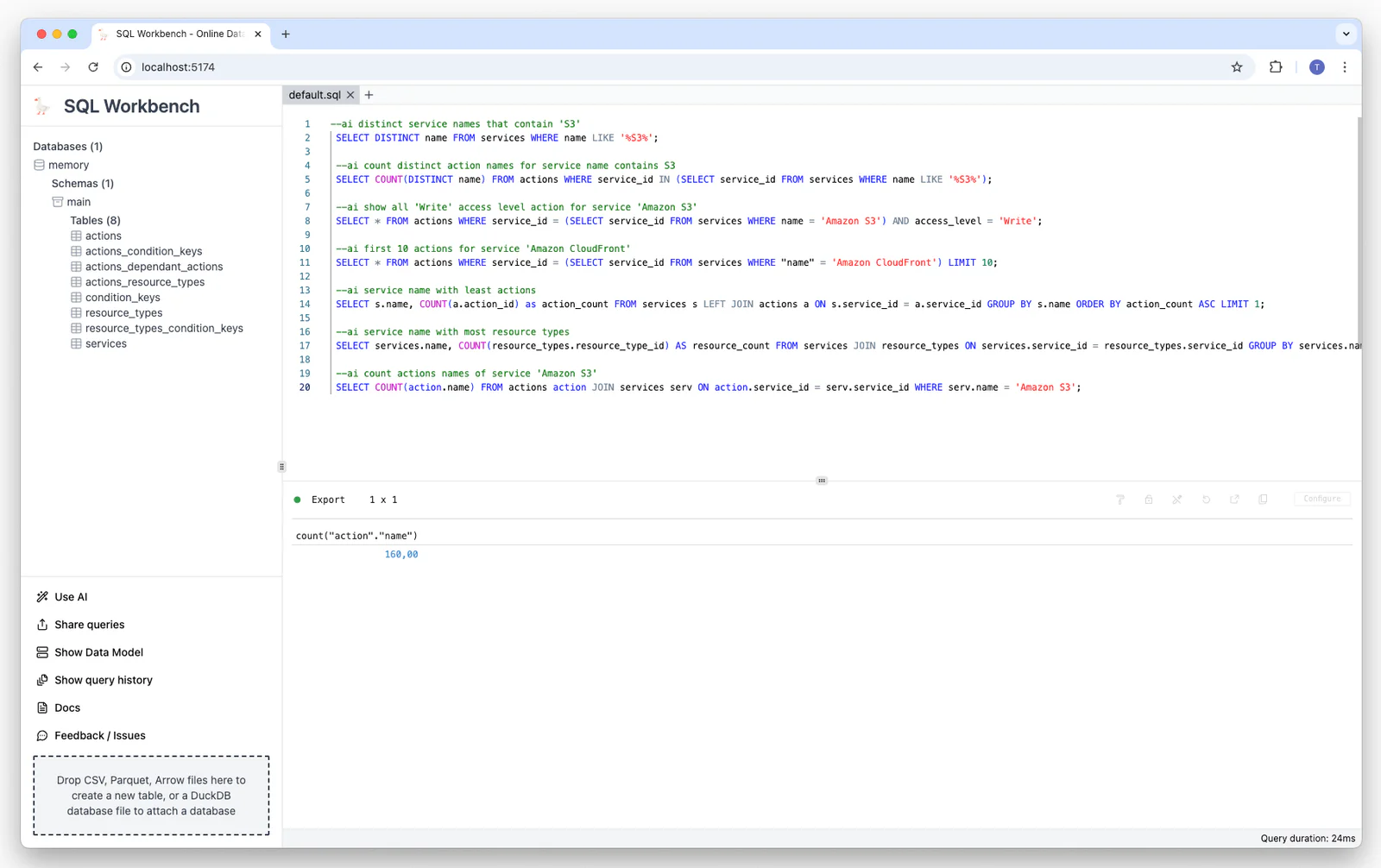 Generated SQL and result for the prompt: count action names of service 'Amazon S3'