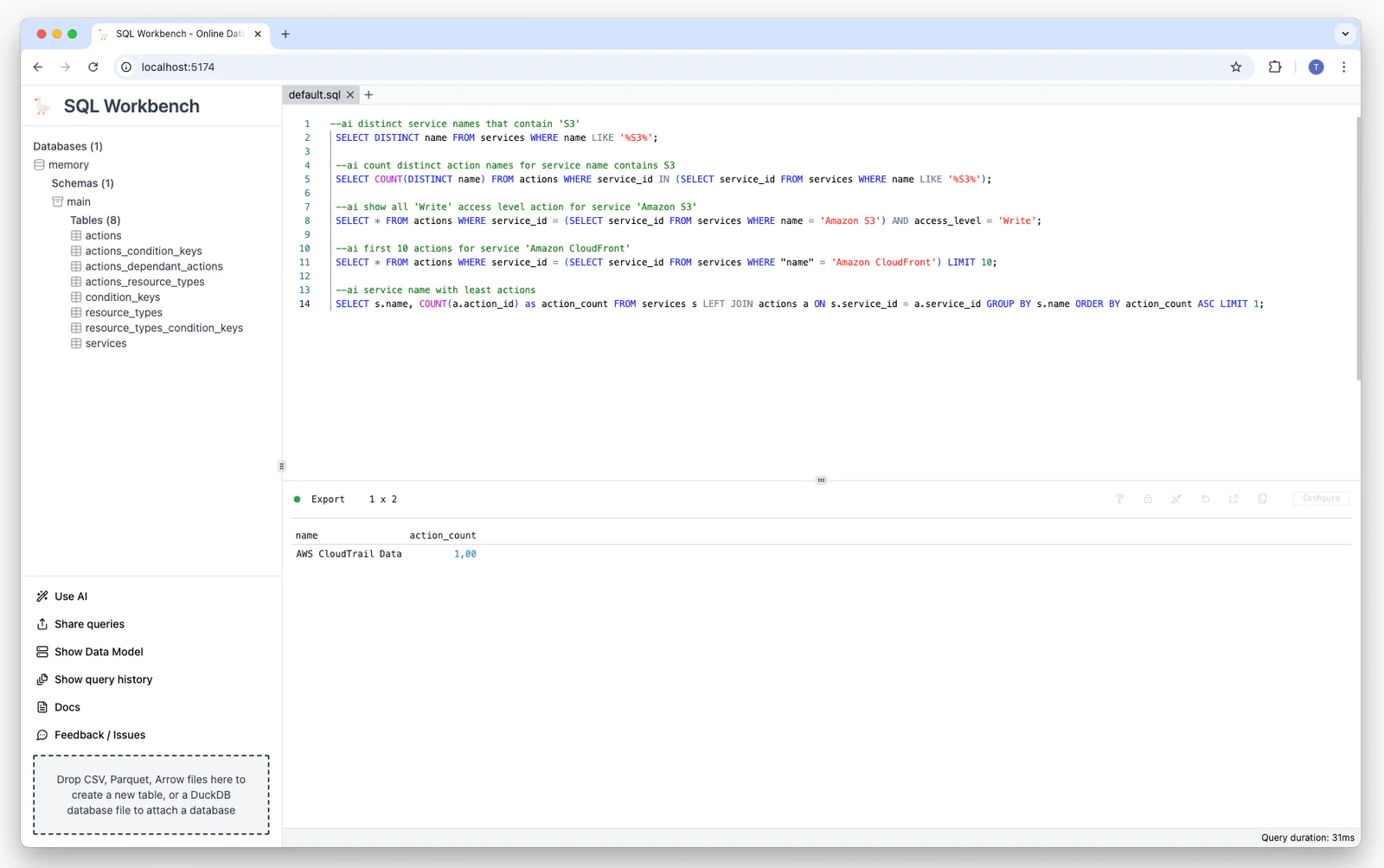 Generated SQL and result for the prompt: service name with least actions
