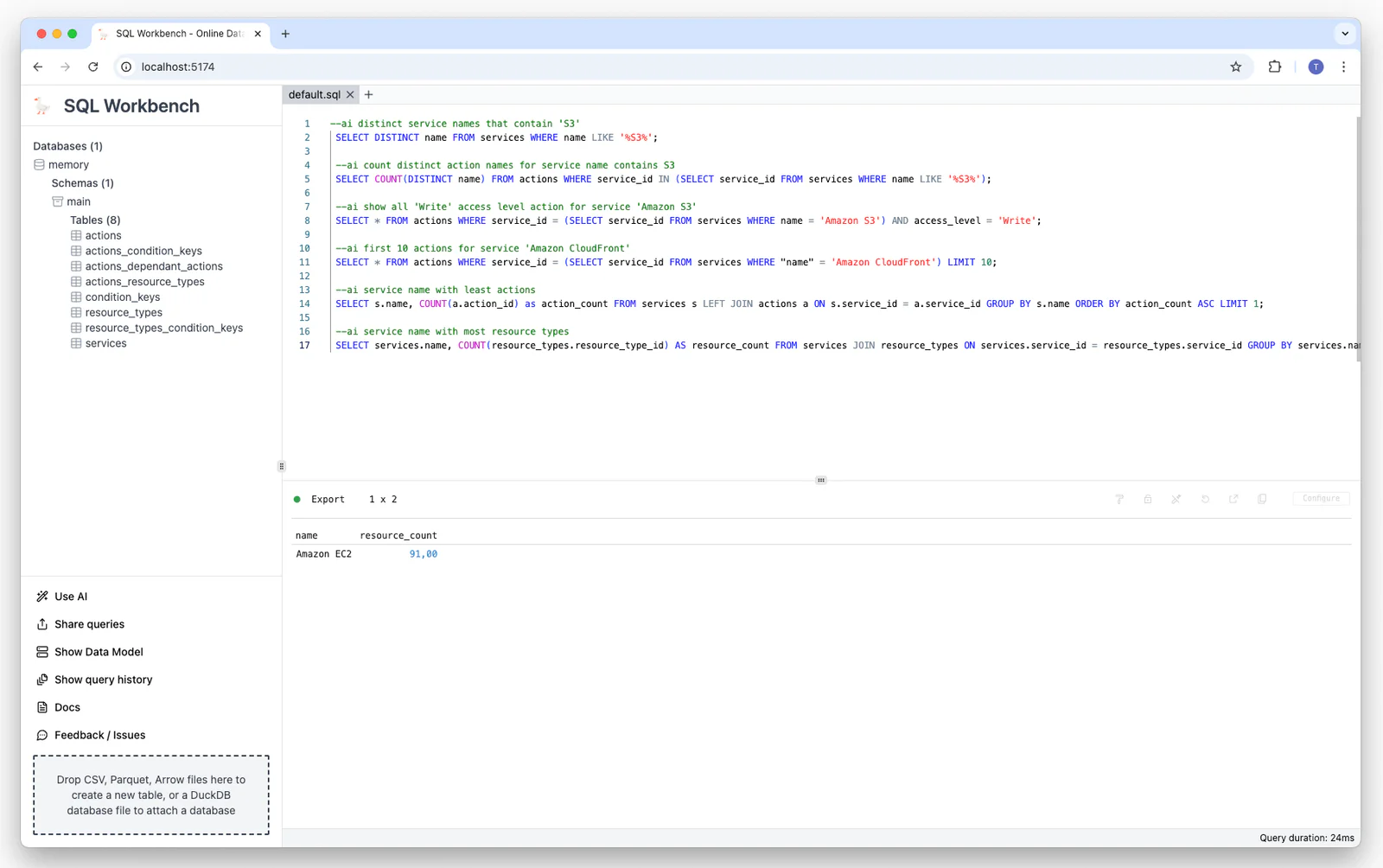 Generated SQL and result for the prompt: service name with most resource types