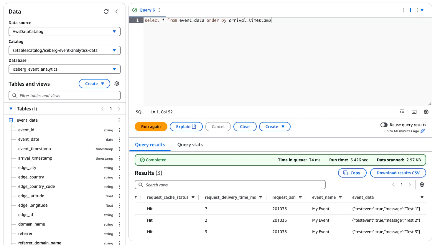 Athena query results showing the ingested events in the S3 Table