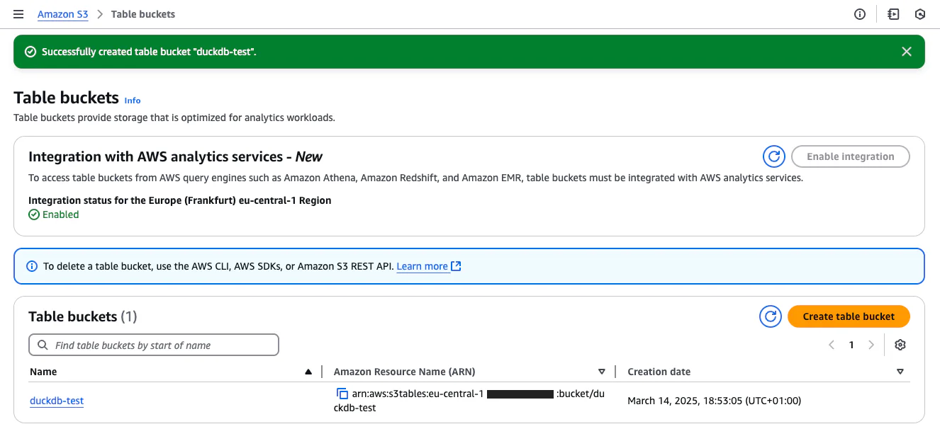 Newly created S3 Table bucket in the AWS Console