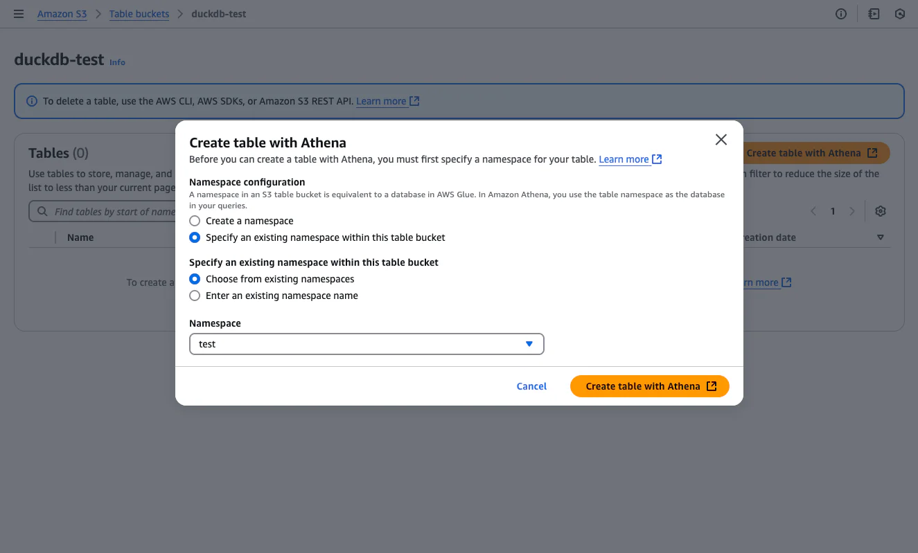 Selecting the namespace before creating a table with Athena