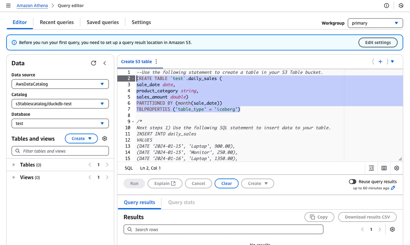 Athena console opened with the S3 Tables catalog selected
