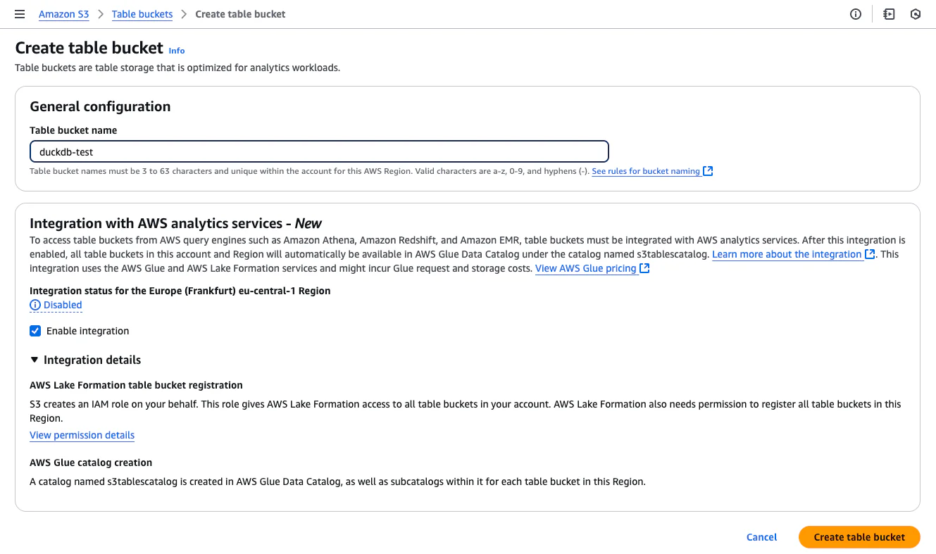 Creating an S3 Table bucket with analytics services integration enabled in the AWS Console