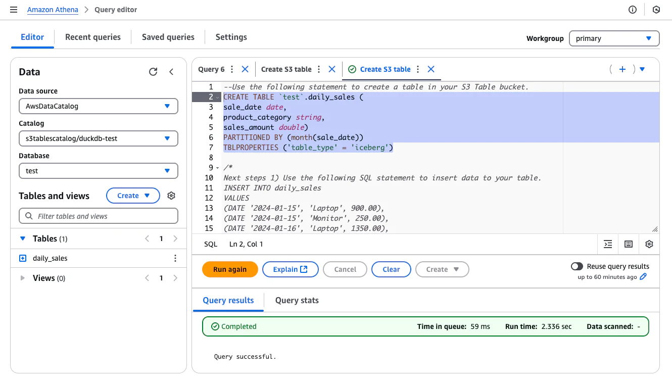 Running the example CREATE TABLE statement in the Athena query editor