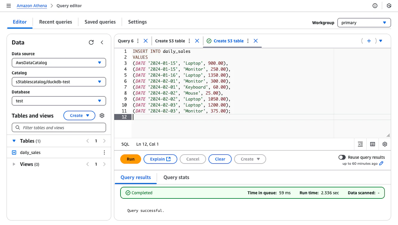 Running the INSERT statement for sample data in the Athena query editor