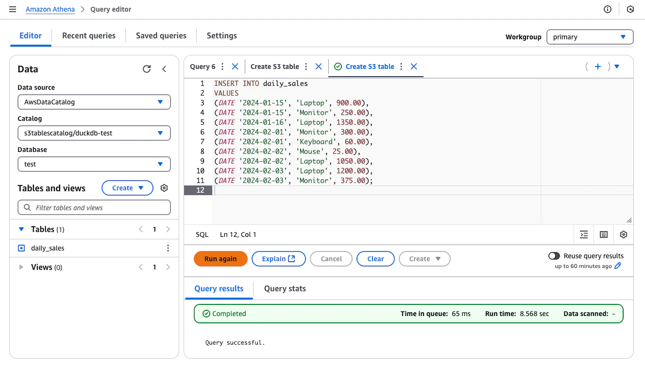 Successful INSERT query result in Athena