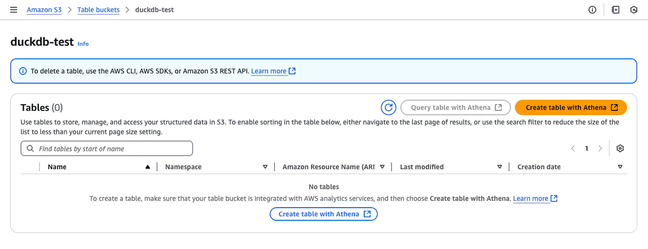 Create table with Athena button in the S3 Table bucket details