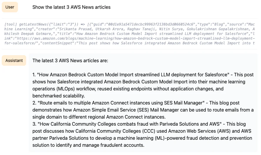 Cloudflare AI Playground showing the latest 3 AWS news articles