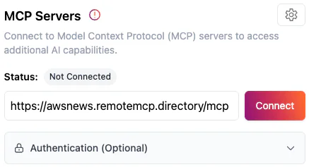 Adding the AWS News MCP server URL in the Cloudflare AI Playground