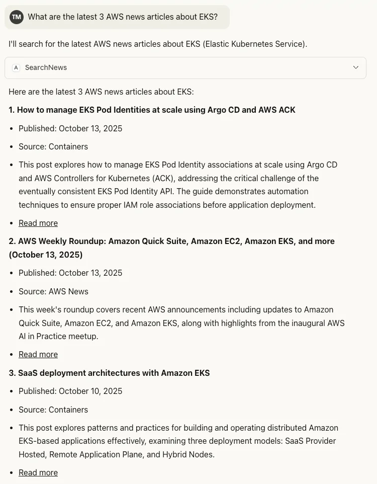 Claude listing the latest three AWS news articles about EKS