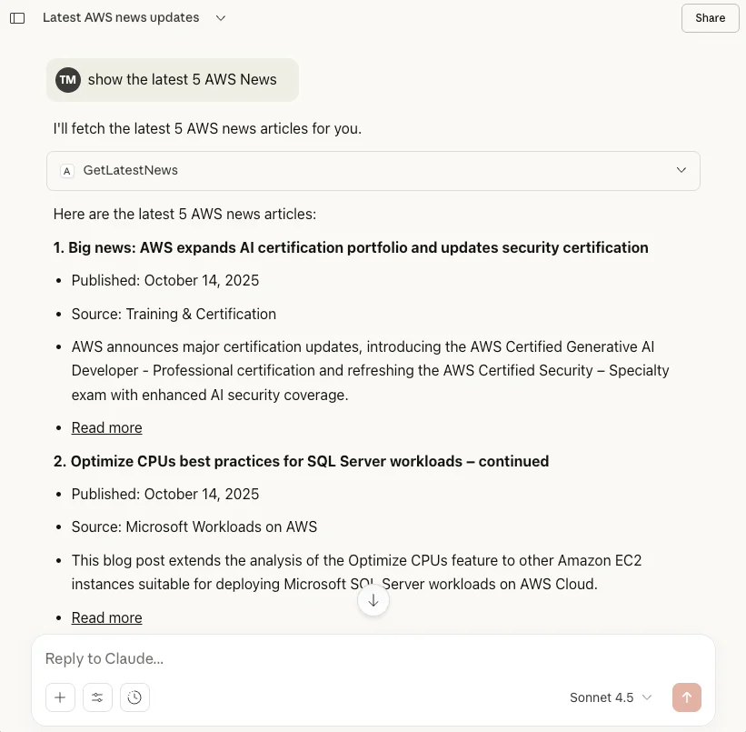 Claude answering a question about the latest AWS news using the MCP server
