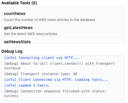 Connected AWS News MCP server with its available tools in the Cloudflare AI Playground