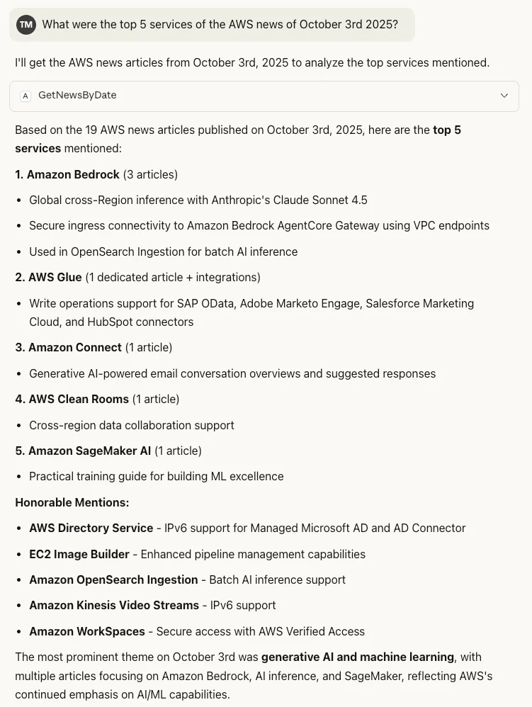 Claude analyzing the top 5 services in AWS news of October 13th 2025