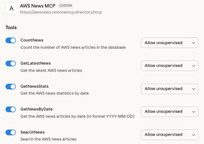 AWS News MCP connector configuration in Claude