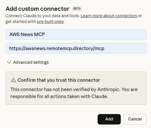 Adding the AWS News MCP server as a custom connector in Claude