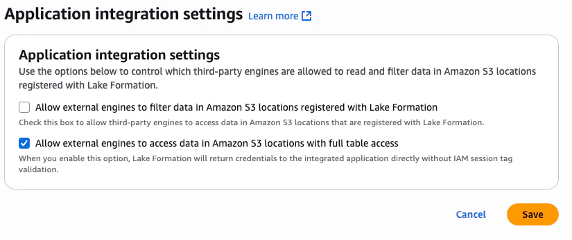 Lake Formation application integration settings allowing external engines full table access