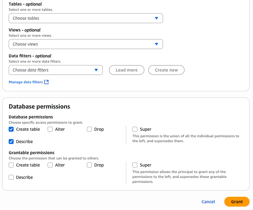 Lake Formation grant dialog: database-level permissions