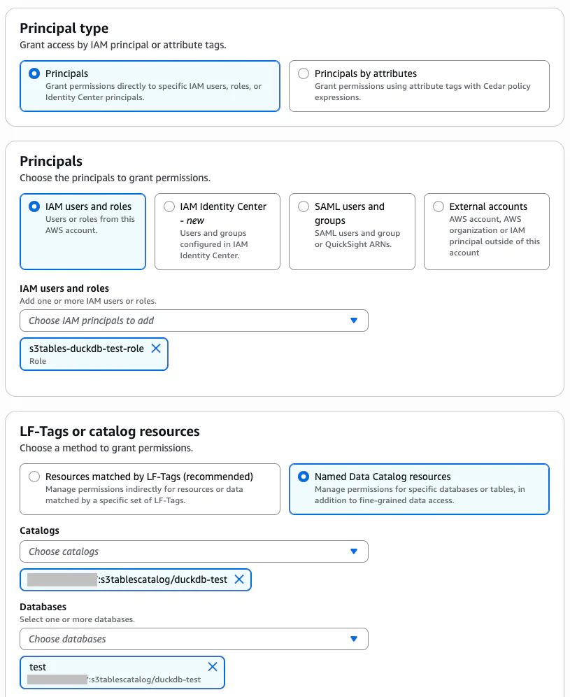 Lake Formation grant dialog: selecting the IAM role, database and table