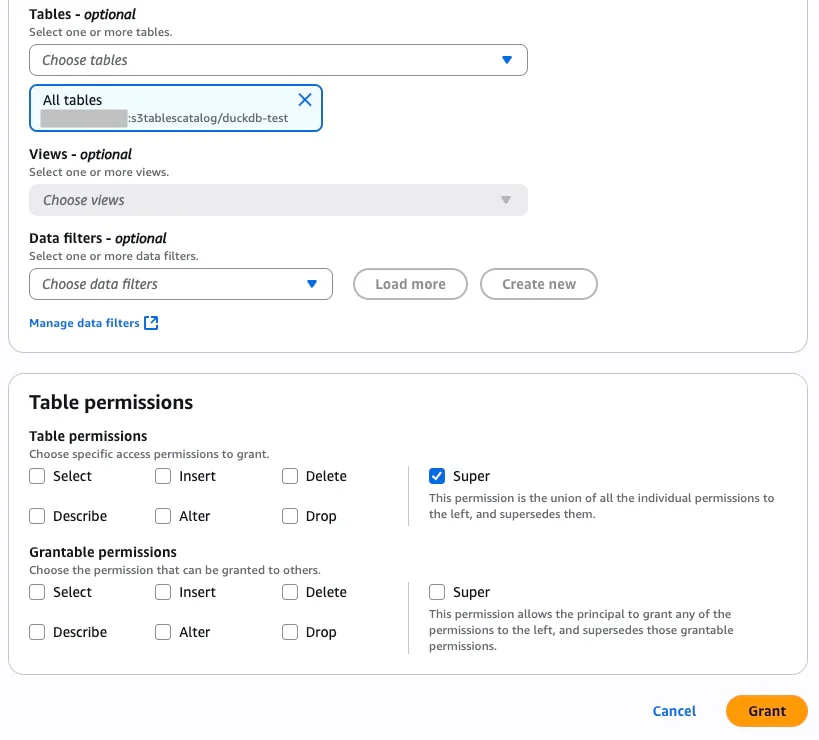 Lake Formation grant dialog: table-level permissions