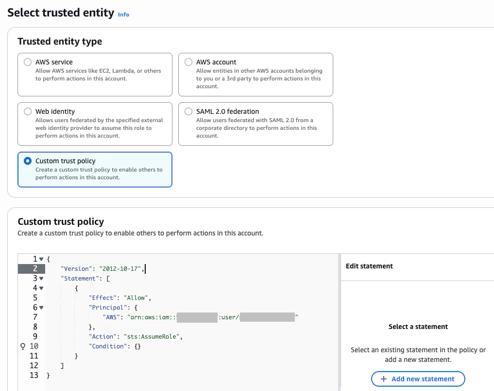 Creating an IAM role with a custom trust policy in the AWS Console