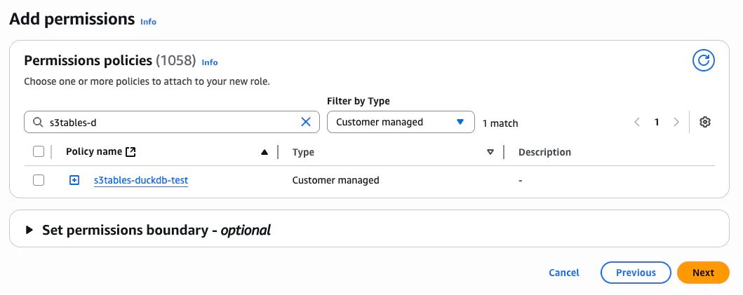 Attaching the s3tables-duckdb-test policy to the new IAM role