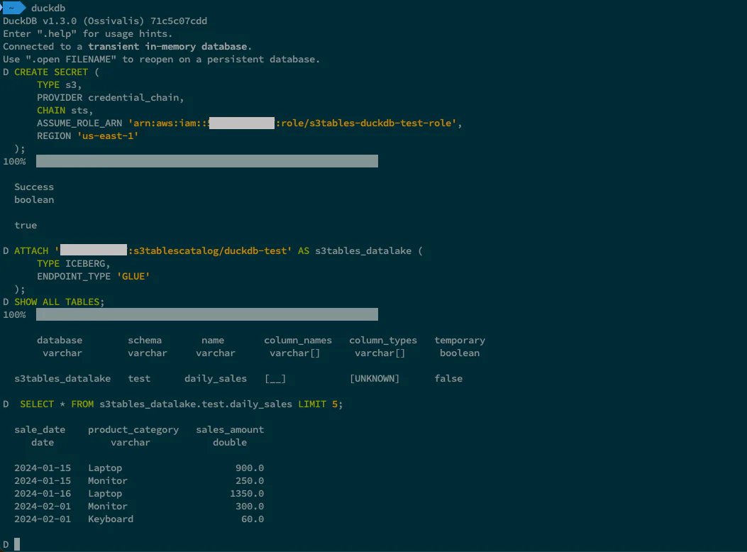 DuckDB CLI querying the S3 Table through the SageMaker Lakehouse catalog
