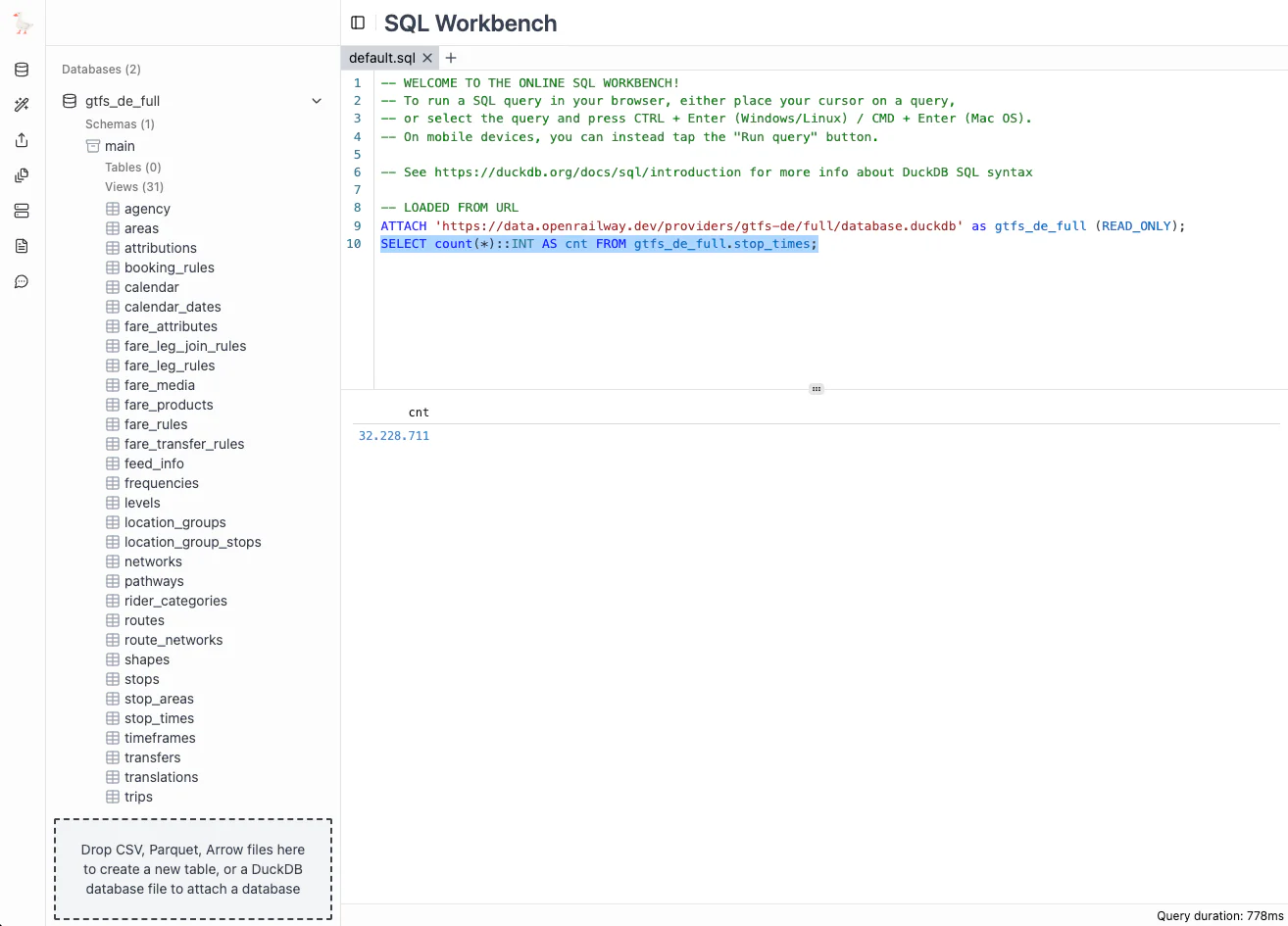Querying the remote DuckDB view database in SQL Workbench