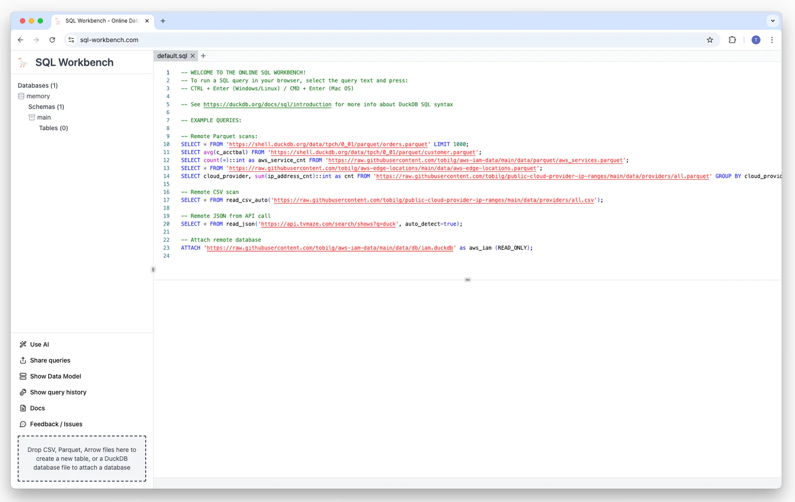SQL Workbench user interface overview with editor, schema browser and result area