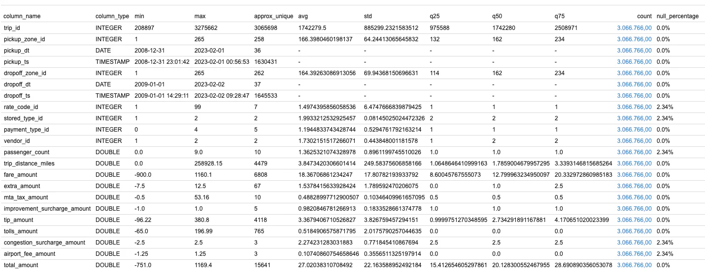 DuckDB SUMMARIZE output for the trip fact table