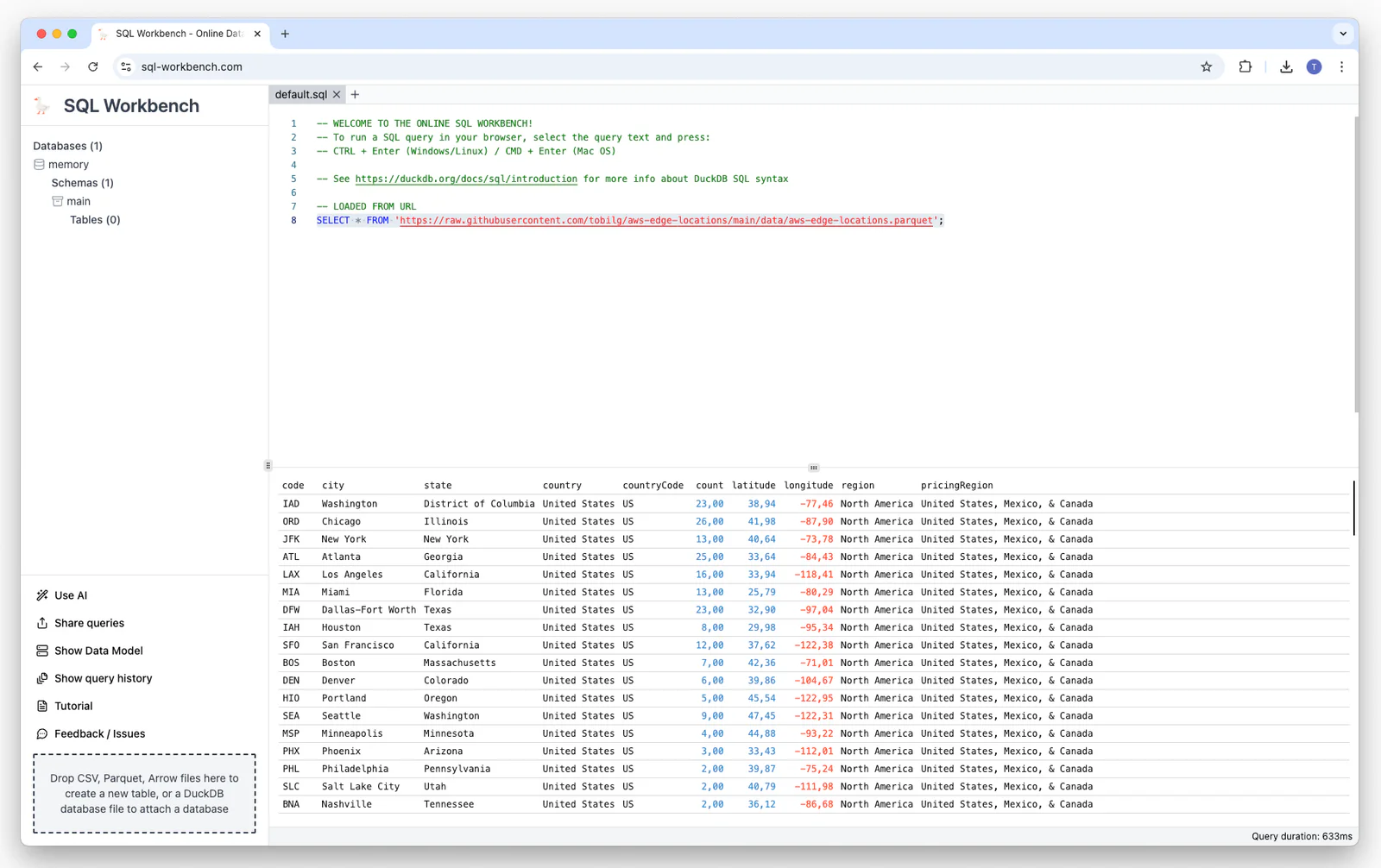 Query result listing CloudFront edge locations