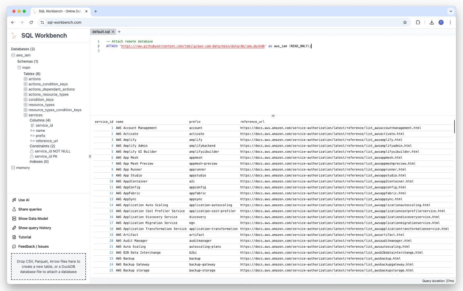 SQL Workbench schema browser showing tables, columns and constraints of an attached database