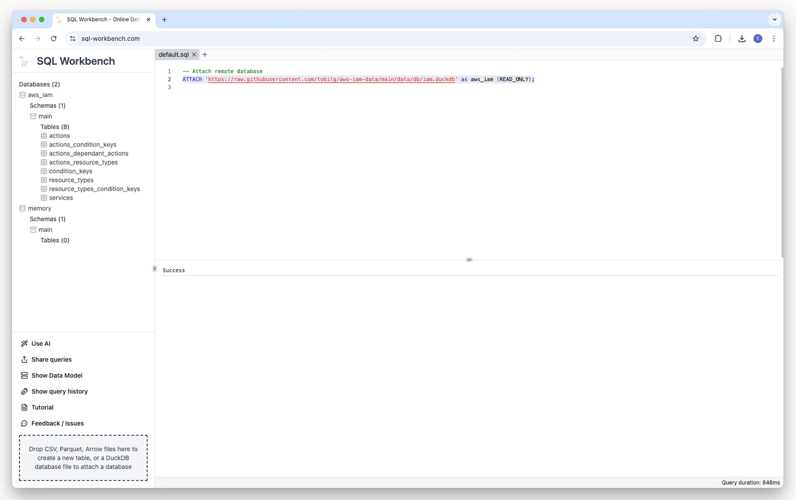 Attaching a remote DuckDB database over HTTPS in SQL Workbench
