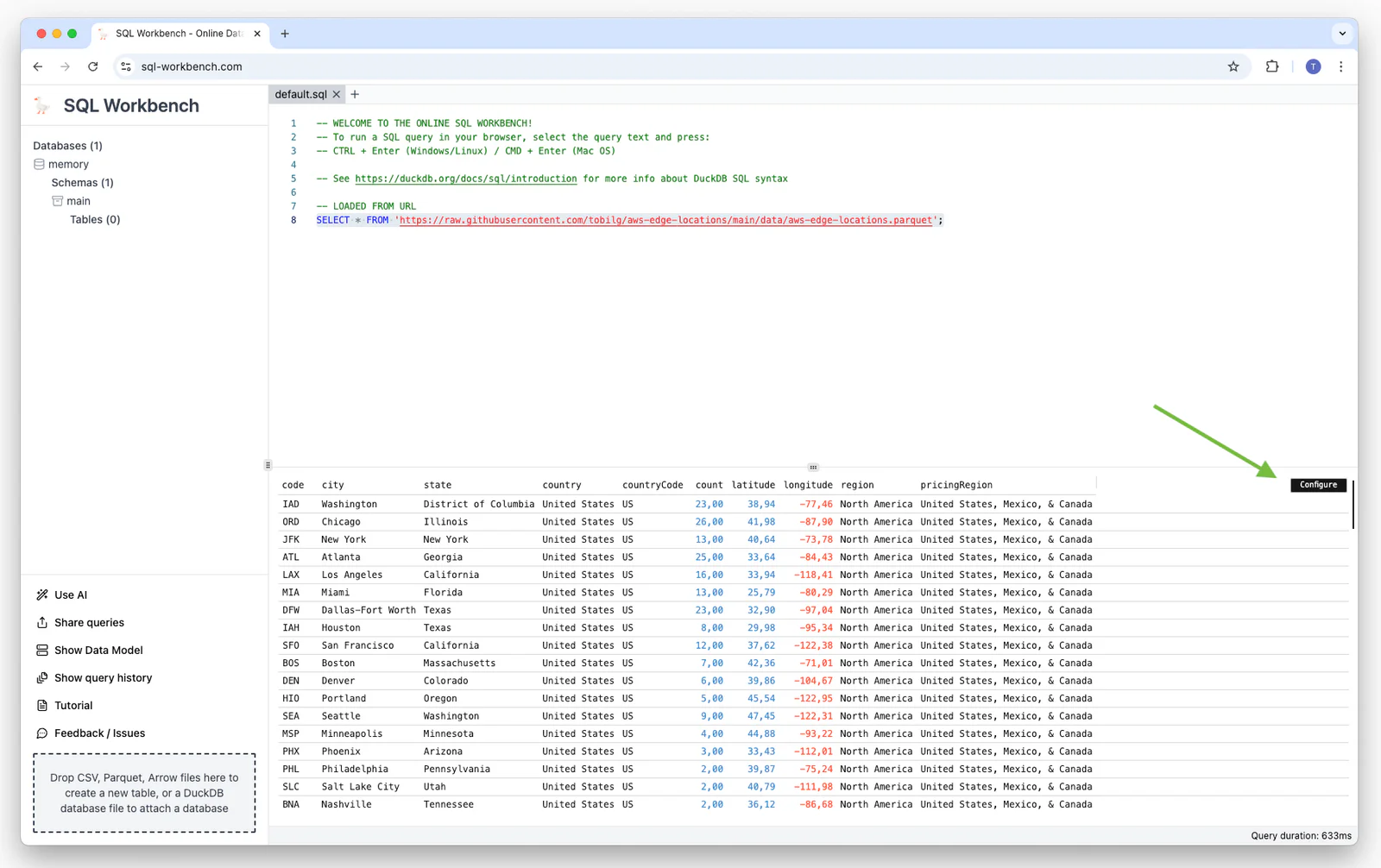 Configure button on the result table in SQL Workbench