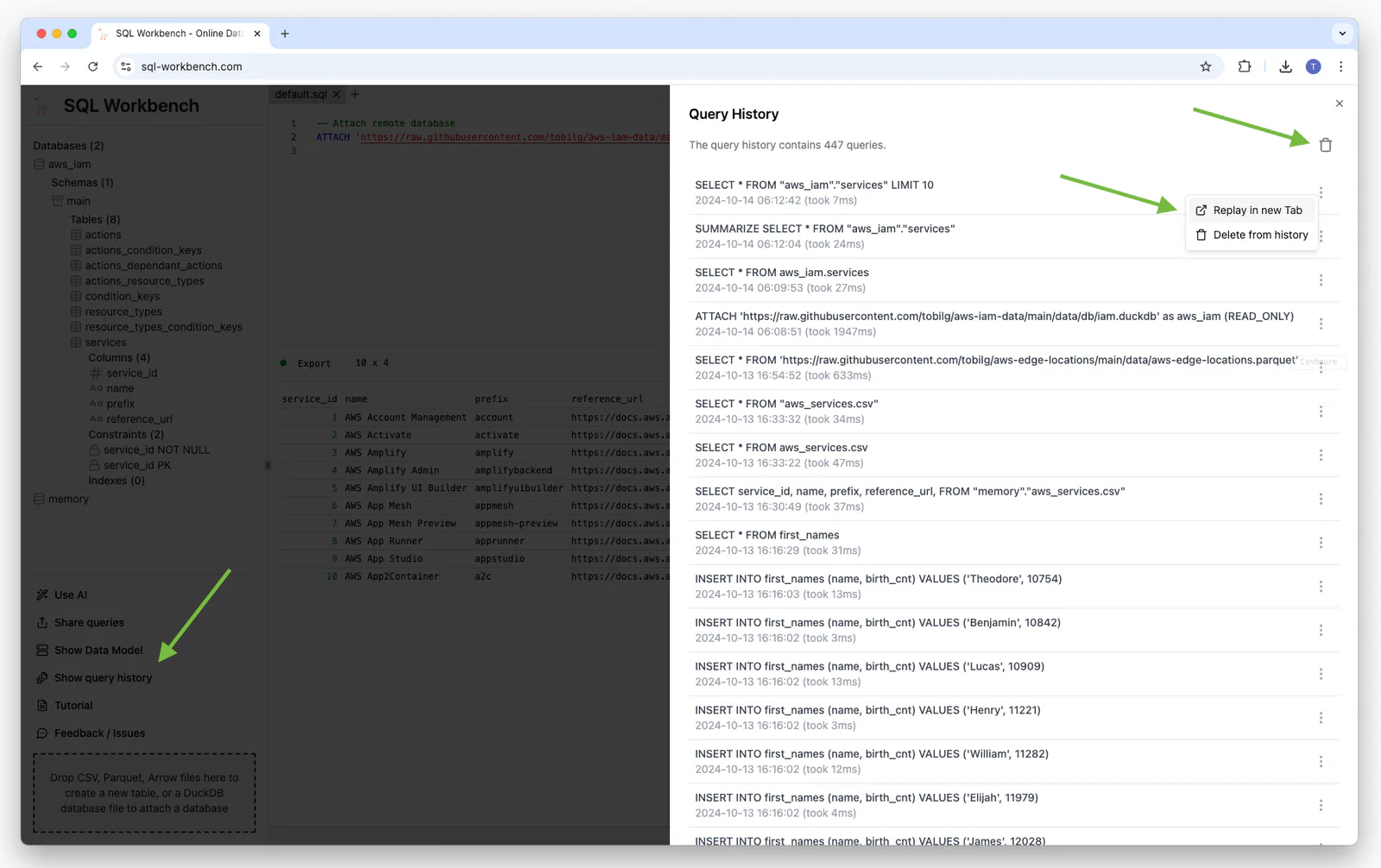 Query history with execution times in SQL Workbench