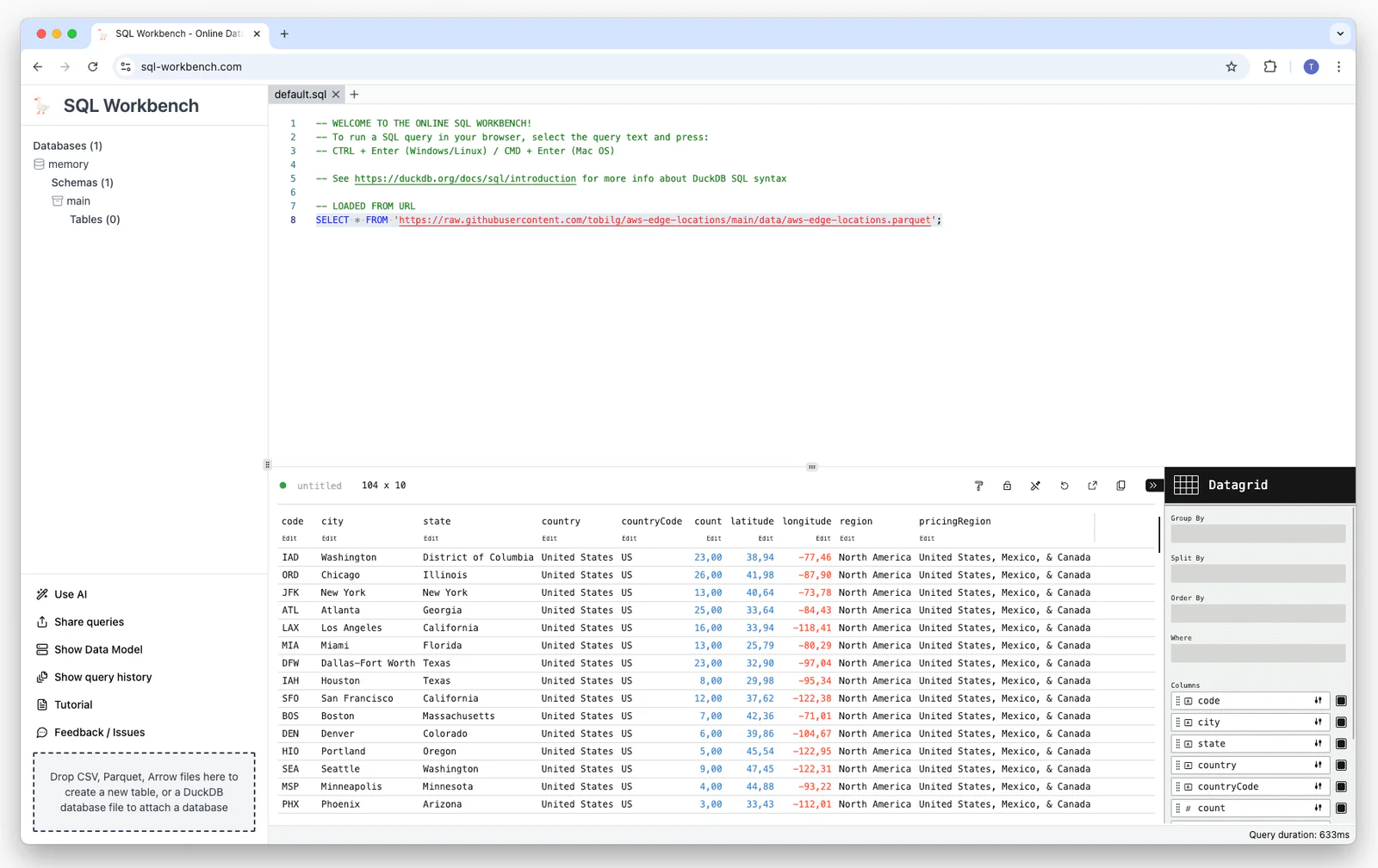 Visualization configuration with available columns and Datagrid type