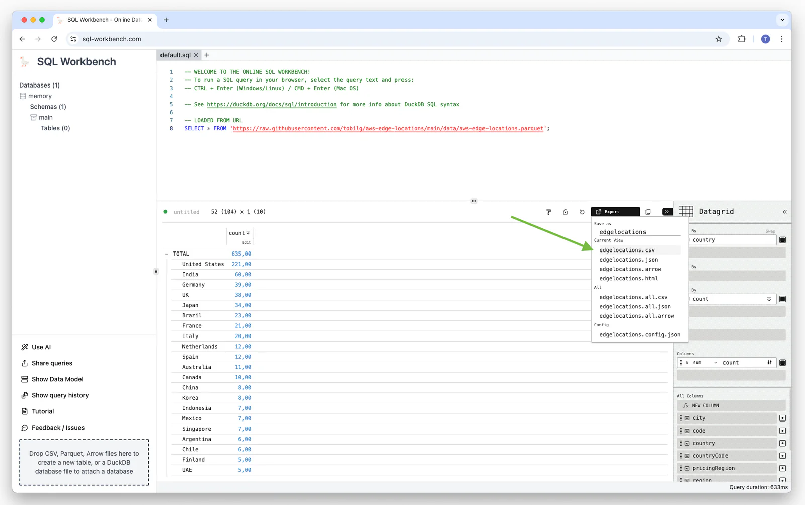 Export dialog for visualizations and data in SQL Workbench