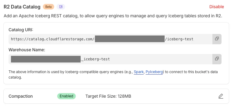 R2 Data Catalog URI and warehouse name in the bucket settings