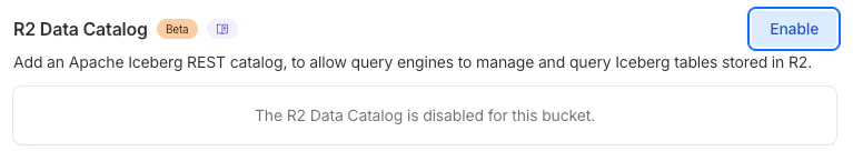 Enabling R2 Data Catalog in the R2 bucket settings