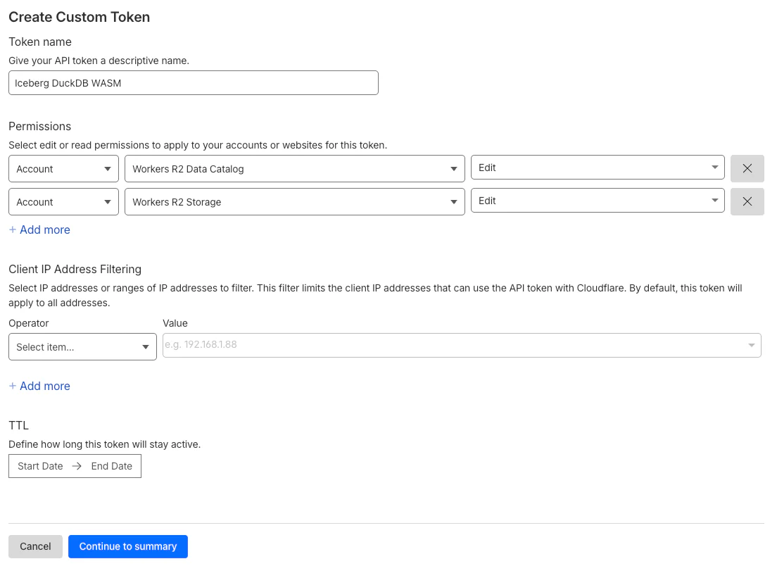 R2 Storage and R2 Data Catalog permission entries for the API token