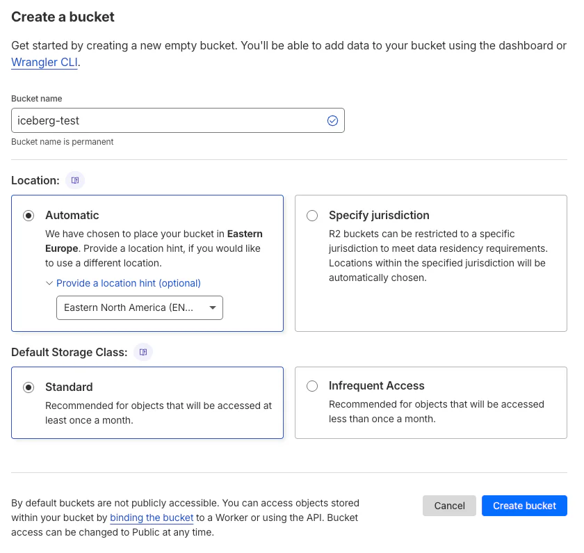 Creating a new R2 bucket in the Cloudflare dashboard